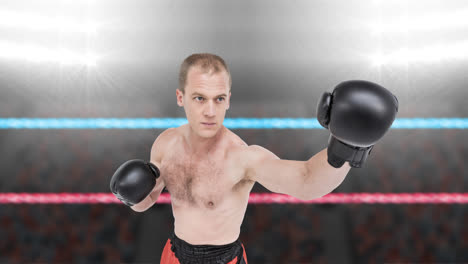 animation of caucasian male boxer on boxing ring over spotlights