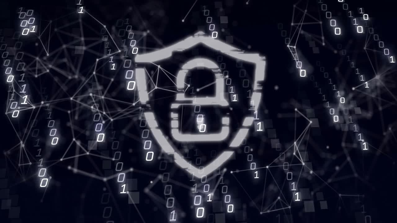 Binary bits drawing lines forming shield as padlock icon cycling locked unlocked for cybersecurity