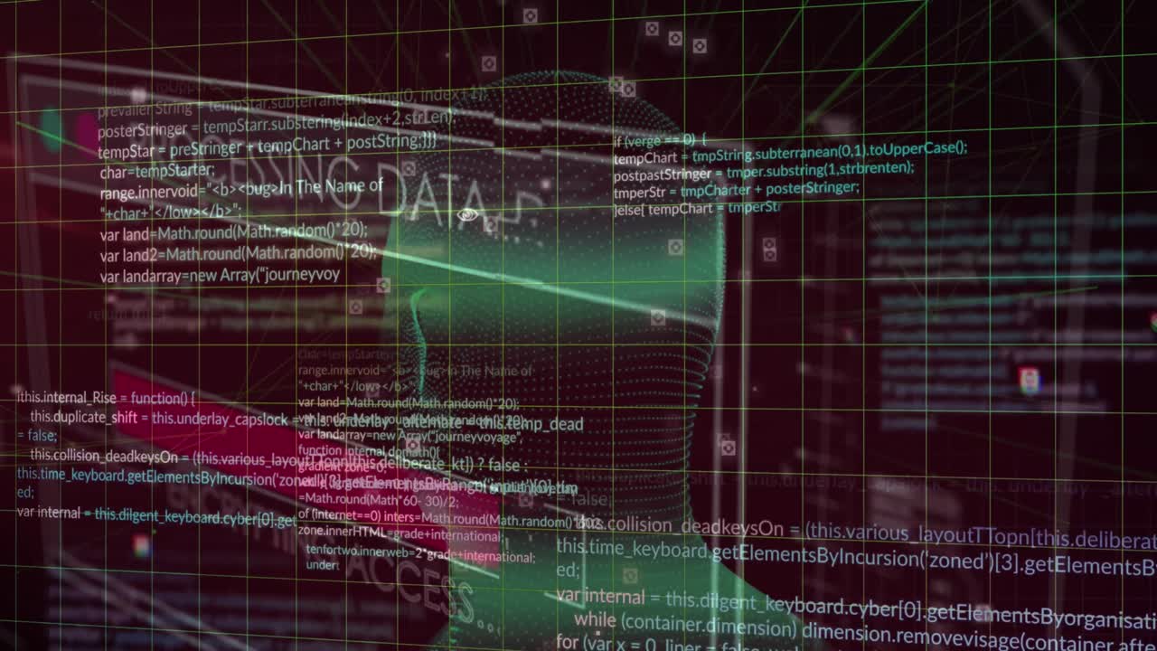 animación de la interfaz con procesamiento de datos sobre un modelo de cabeza humana giratoria contra un fondo rosa.