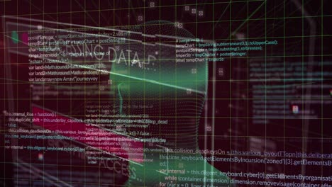 animación de la interfaz con procesamiento de datos sobre un modelo de cabeza humana giratoria contra un fondo rosa.