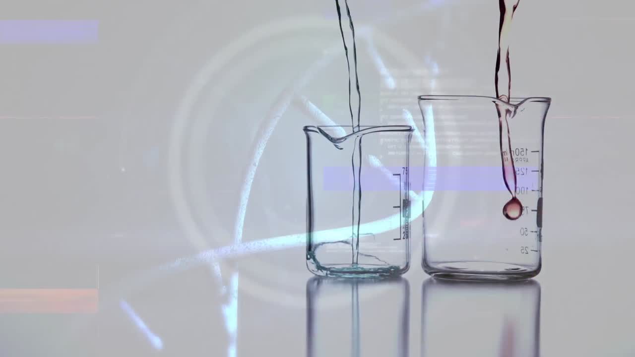 액체로 된 컵 위에서 간섭과 dna 줄의 애니메이션