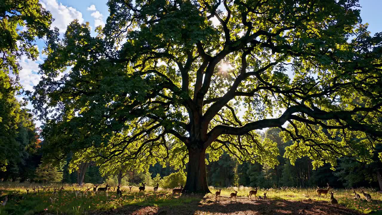 A wide-angle video captures a majestic tree with sunlight filtering through its branches