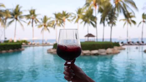 a wine toast against a tranquil tropical backdrop