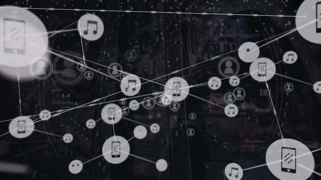 아이콘과 도시 풍경에 대한 범위 스캐닝으로 연결 네트워크의 애니메이션