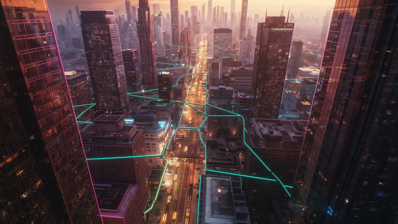 Twilight settling over downtown avenue neon lines emerging and pulsing across rooftops mapping grid