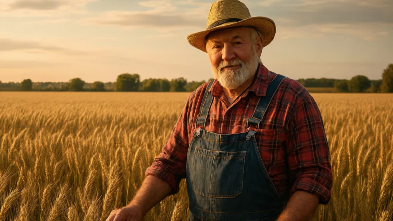 An elderly farmer smiles contentedly as he stands amidst the golden waves of wheat in the countryside. The warm glow of the setting sun casts a beautiful light over the landscape, enhancing the rich colors of the field. Dressed in a plaid shirt and straw hat, he embodies the spirit of hard work and 