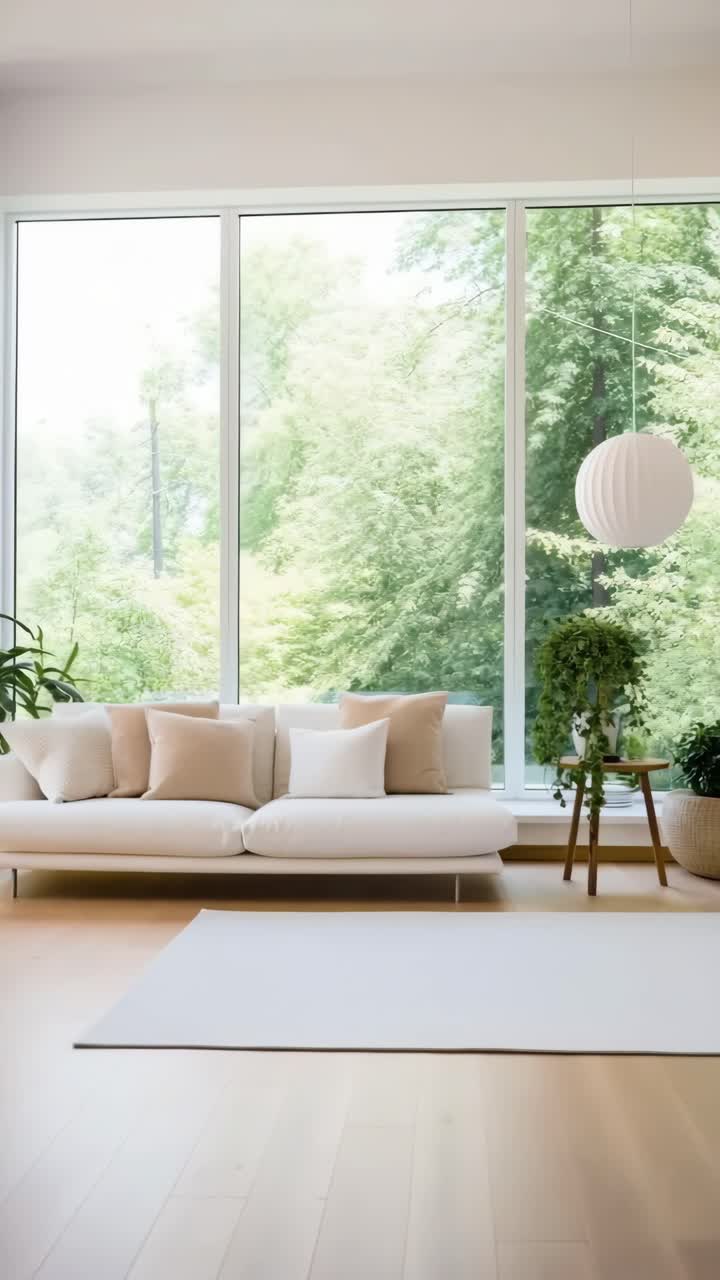 Soggiorno moderno e minimalista con ampia finestra e vista sulla natura