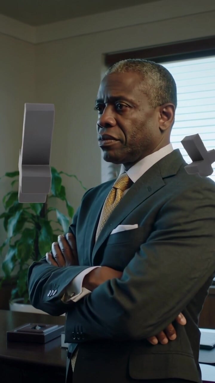 Vertical video: Handling desk items, man in suit turning and folding arms in office, 3D X appearing