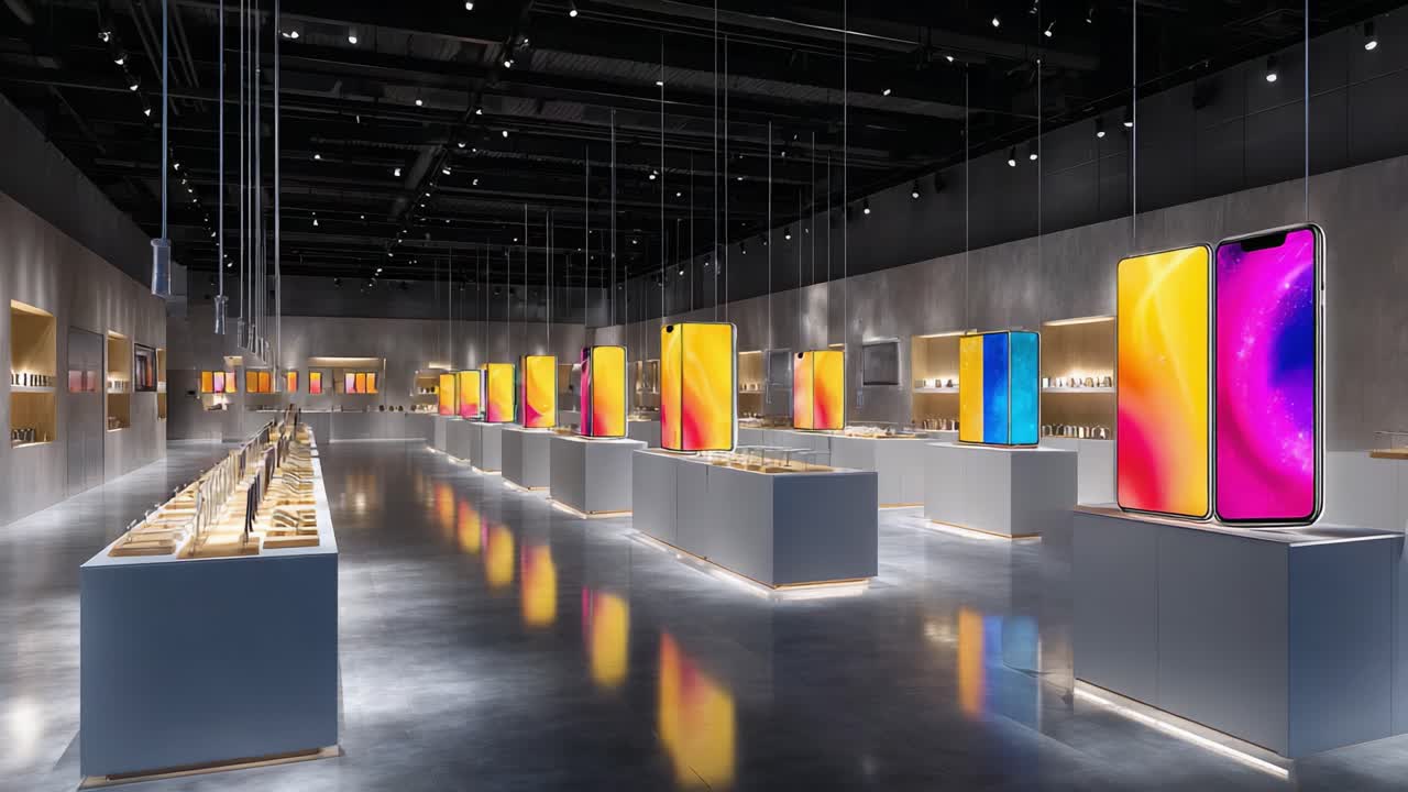 A Modern Tech Showcase: An Inside Look at an Innovative Display of Smartphones with Vibrant Screens in a Sleek and Contemporary Exhibition Space