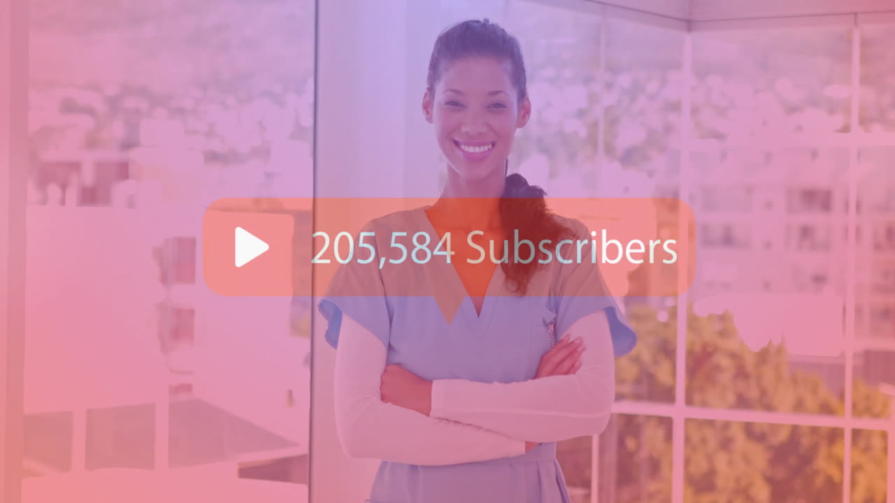 Smiling nurse in scrubs with 228,107 Subscribers animation over her