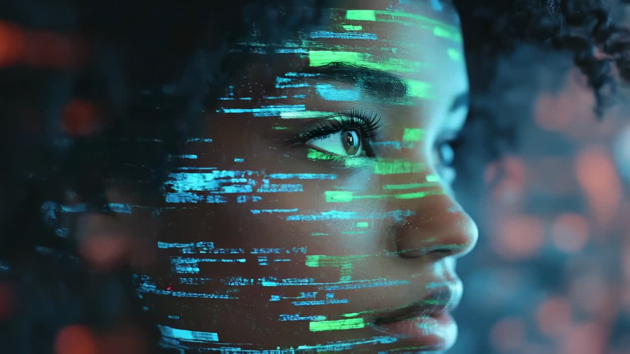 Primo piano di profilo con sovrapposizione digitale, concetto video futuristico, angolazione dinamica