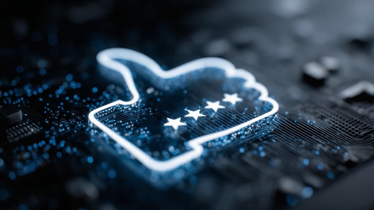 A Digital Representation of Approval: Glowing Thumbs Up Icon on a Data-Connected Background Illustrating Positive Feedback and Interaction in Technology