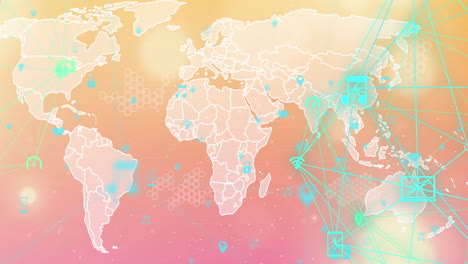 animation of two globes of digital over world map against spots of light on orange background