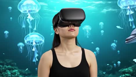 in a captivating underwater setting, a woman explores marine life while wearing virtual reality goggles. surrounding her are vibrant jellyfish and playful dolphins, creating an immersive adventure.
