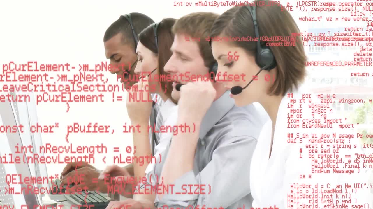 Animation of data processing over business people using phone headsets