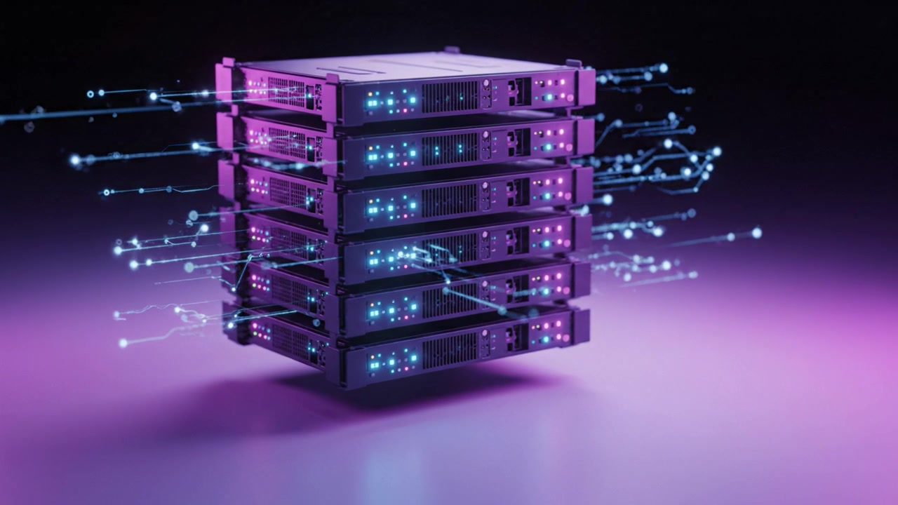 En futuristisk stak servere, der gløder med farverige lys, repræsenterer avanceret teknologi og databehandling i et digitalt miljø.