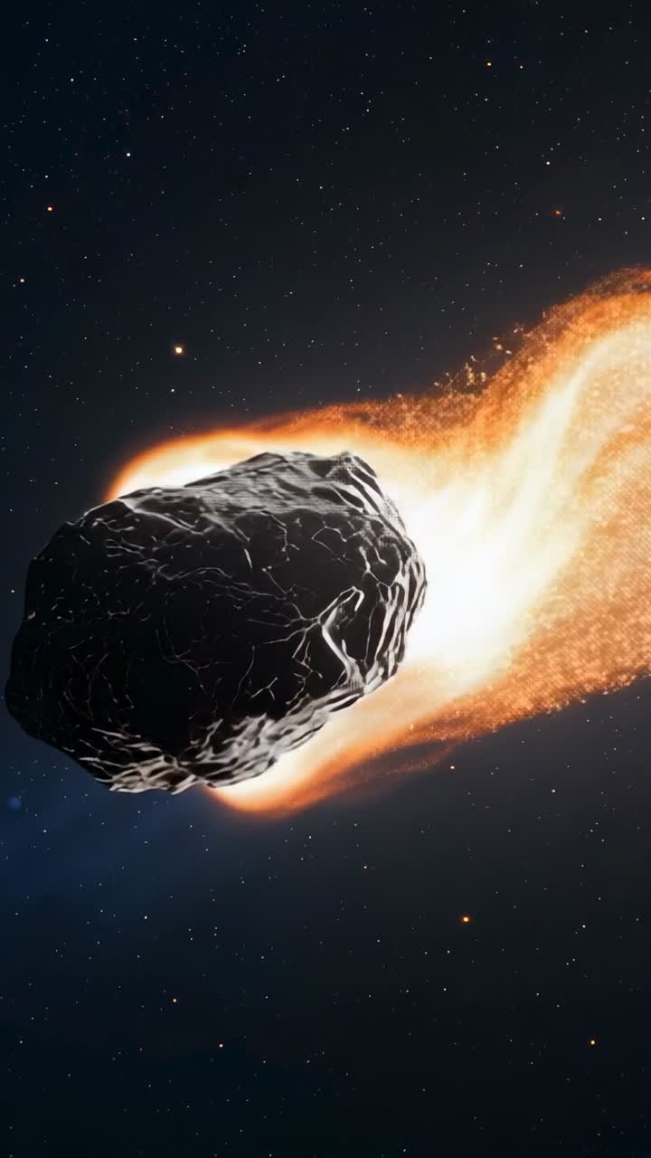 Vertical video: Entering star field, dark meteor revealing fiery tail in space, showing rotation