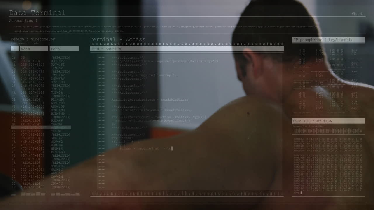 Using animation, person interacting with data terminal in room, focusing on screen