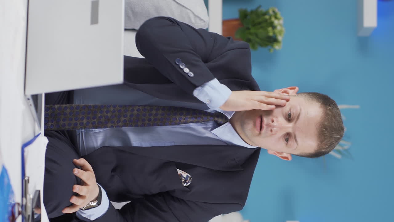 Vídeo vertical de homem em home office confuso e pensativo