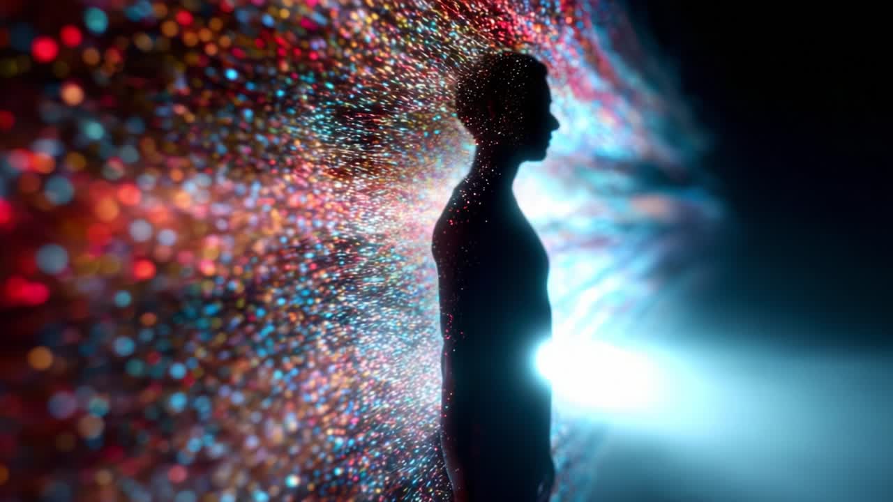 A captivating visual journey exploring the interplay of light and shadow, featuring a silhouette surrounded by vibrant particles, creating a mesmerizing kaleidoscope of colors and textures that evoke emotion