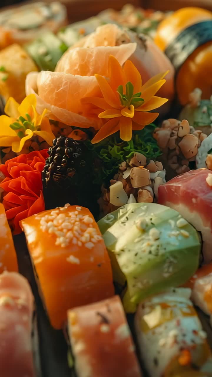 Vertical video: Pulling focus lens sliding across sushi on wooden table, showcasing salmon nigiri