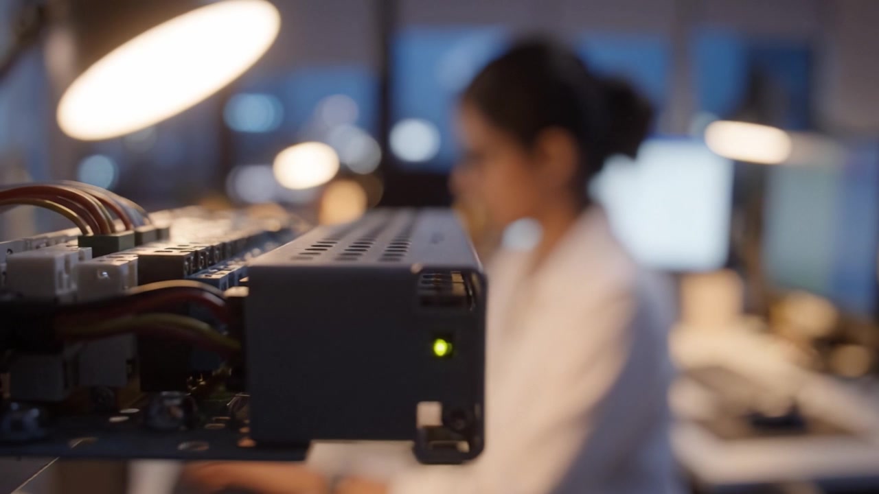 An Overview of Office Technology in a Modern Workspace: Focus on Equipment and Employee Interactions in a Nighttime Setting with Soft Lighting Effects