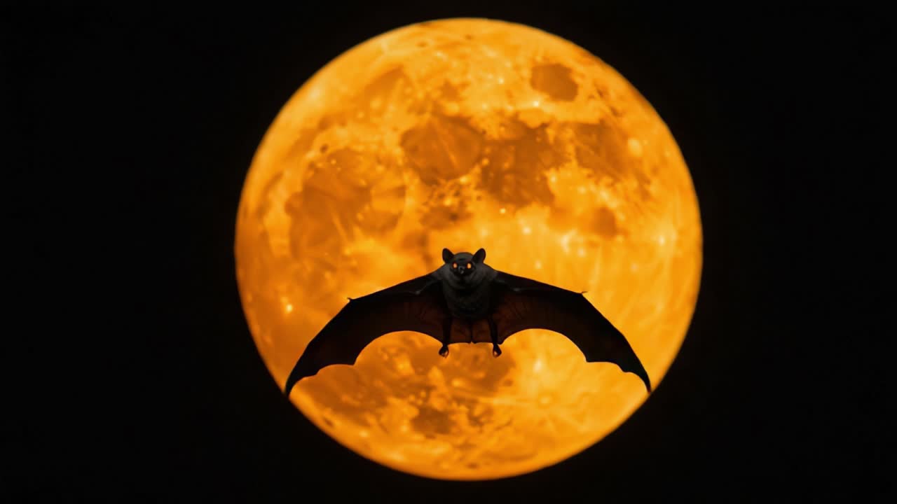 Un maestoso pipistrello in volo sotto la luna piena splendente: cattura la misteriosa bellezza notturna su uno straordinario sfondo celeste