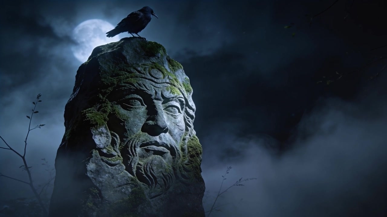 Inquadratura che zooma rivelando un volto di pietra intagliato, muschio e un corvo appollaiato con nebbia bassa tra rovine illuminate dalla luna.