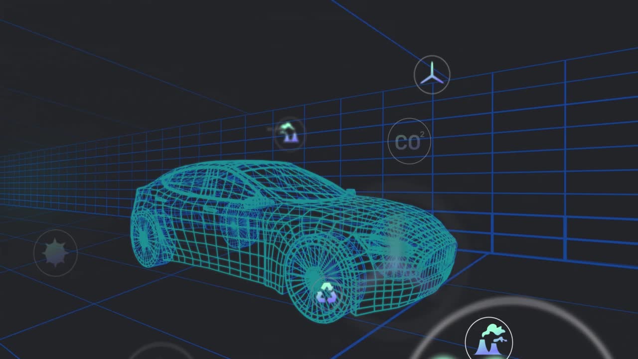 animación del procesamiento de datos con iconos sobre el coche digital en el fondo