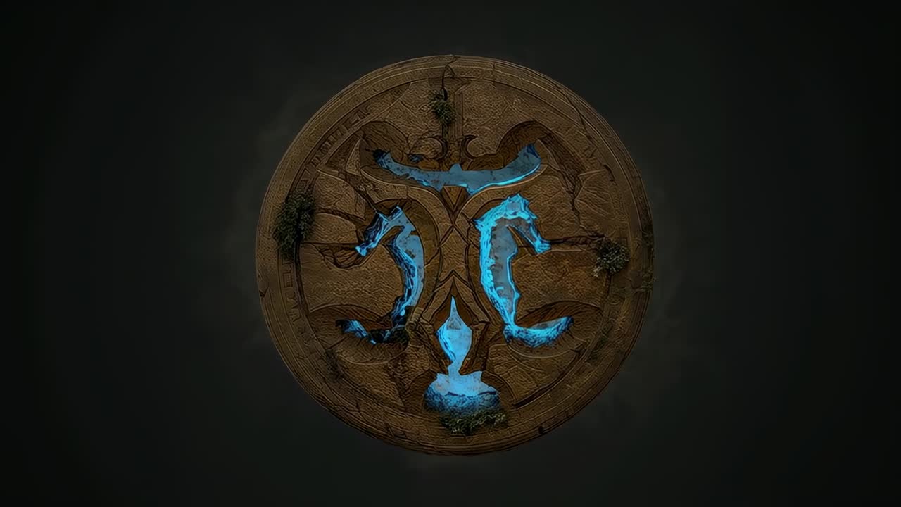 Inquadratura che mostra il sigillo che si attiva illuminandosi con un fluido blu che riempie i canali e il pozzo centrale nel vuoto oscuro