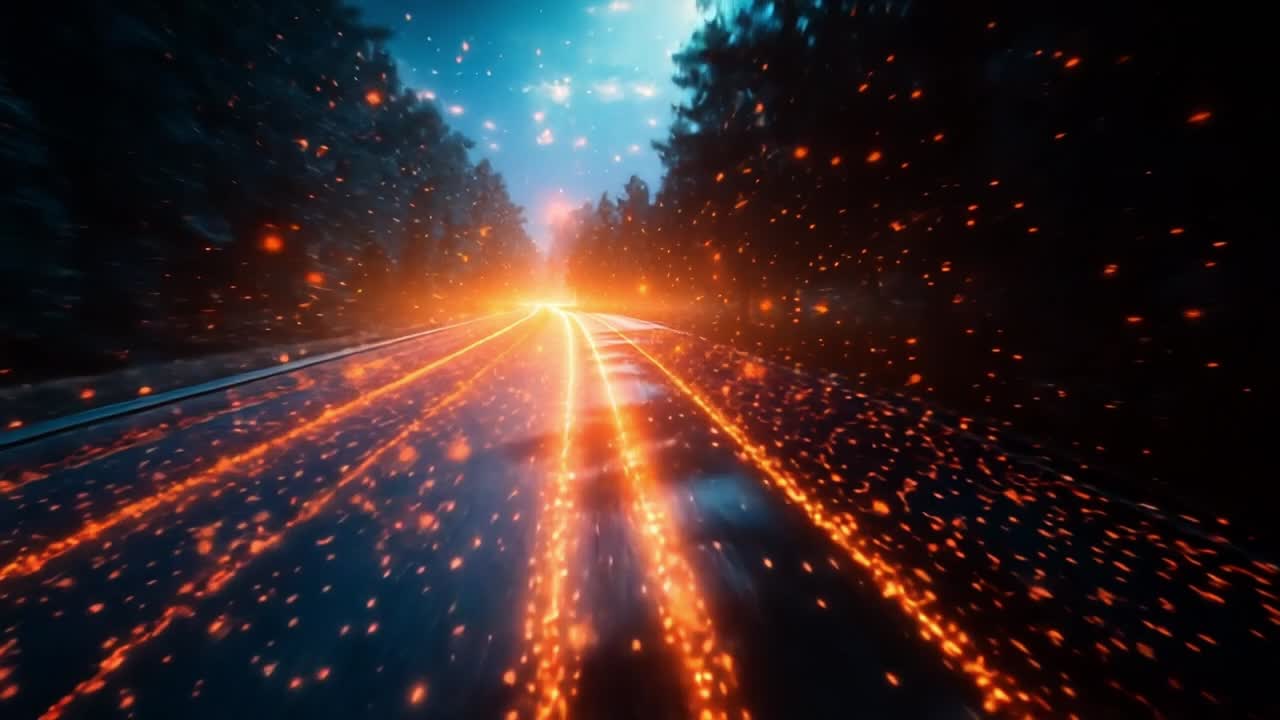 Bright sparks light the night. A vibrant display of sparks lights up a dark road surrounded by trees during the night.