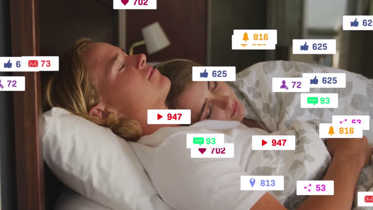Animation of social media notifications over happy couple asleep in bed embracing