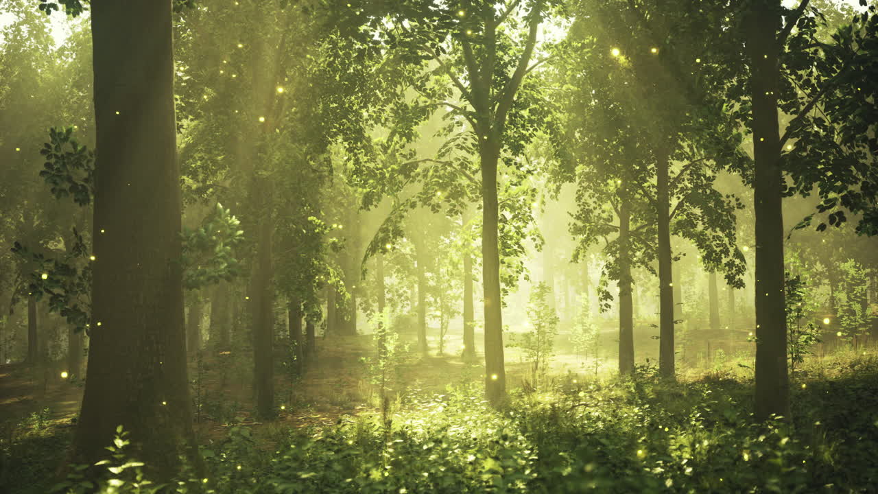 Sunlight filtering through green trees in a serene forest clearing