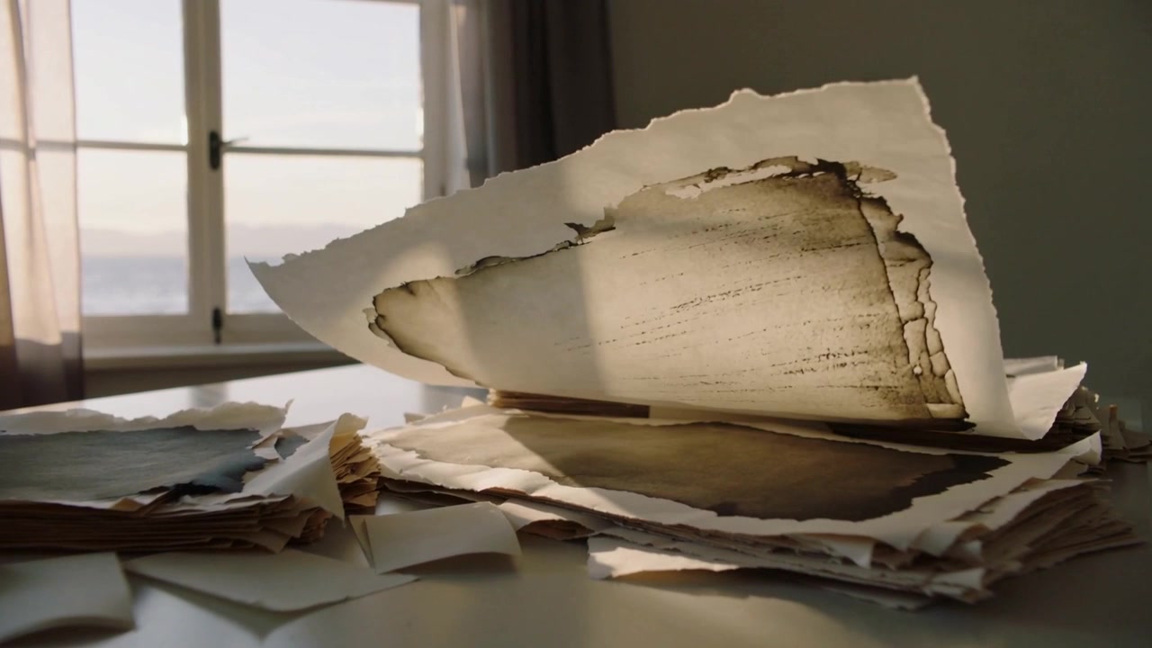 Gentle draft lifting deckle sheet curling and rotating on table by window, sunlight casting shadows