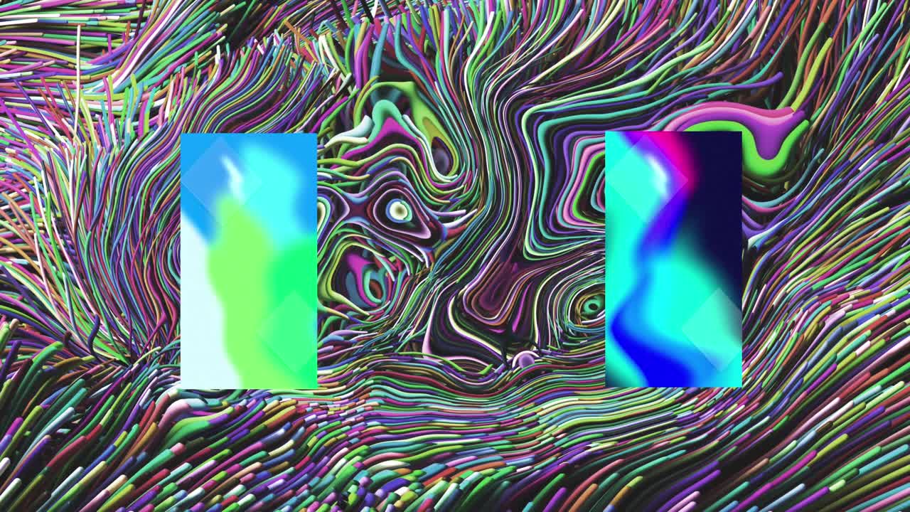Abstract glowing blue rectangles over multicoloured liquid swirl background