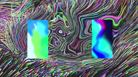 rectángulos azules brillantes abstractos sobre un fondo de remolino líquido multicolor