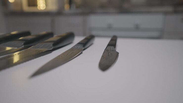 Set of kitchen knives on a white surface