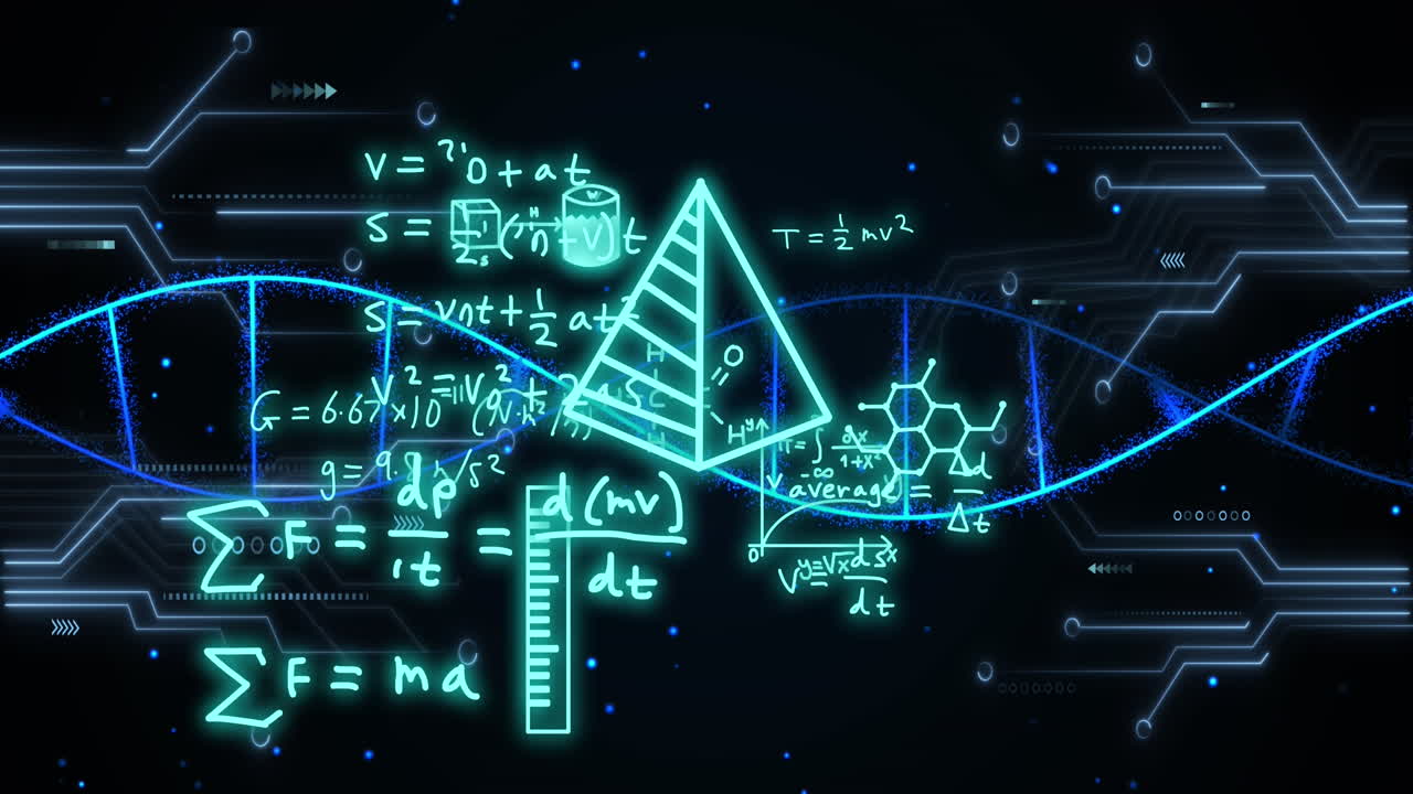 Animation of mathematical formulae and scientific data processing over black background