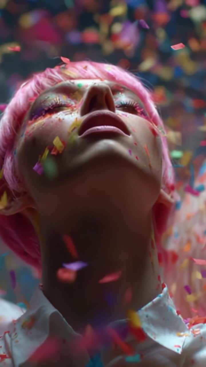 A Vibrant Celebration of Joy and Color: A Person with Pink Hair Surrounded by Confetti, Experiencing Euphoria and Release in an Artistic Expression of Happiness