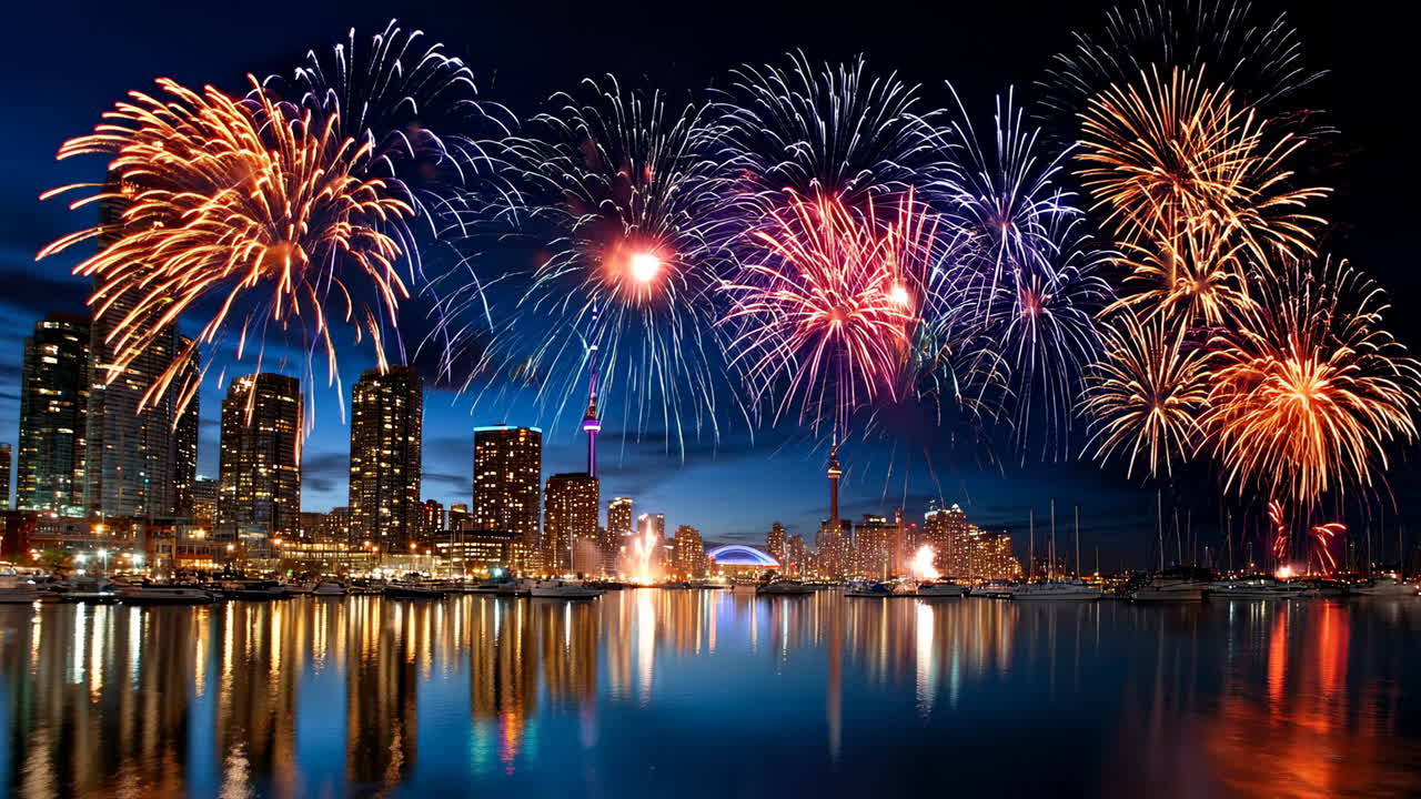 Fireworks light up city skyline at night. Colorful fireworks explode over a city skyline at night, reflecting off the calm water below