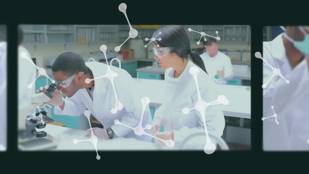 실험실에서 일하는 백인 여성 과학자에 대한 분자의 애니메이션
