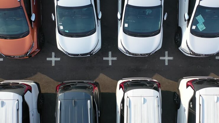 vista aérea de un gran estacionamiento de automóviles