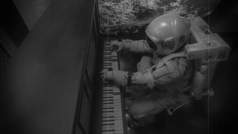 astronaut playing piano in space