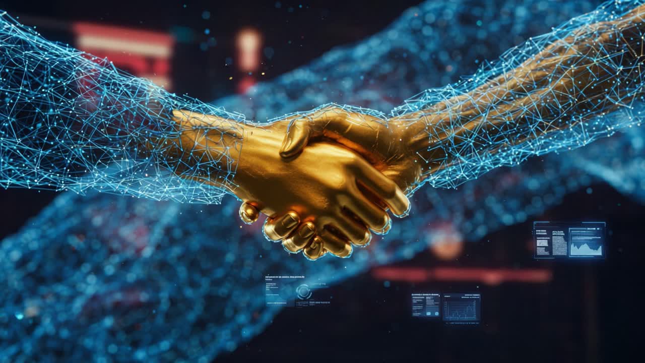 A Glimmering Connection: The Fusion of Technology and Humanity in a Golden Handshake Amidst a Digital Universe