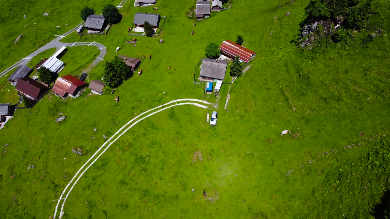 스위스 알프스 의 푸른 계곡 에 자리 잡은 평온 한 마을 의 집 들