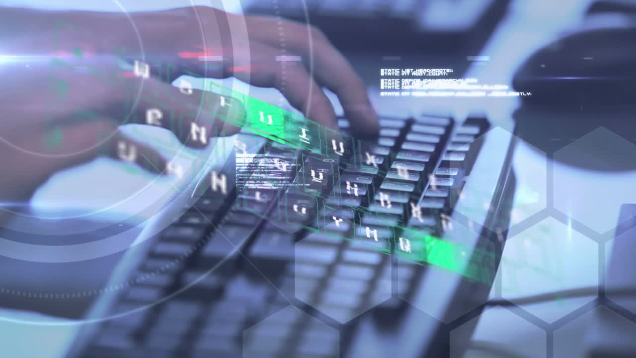 Animation of network of connections with icons over hands of caucasian man typing on keyboard