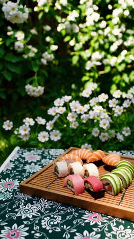 a tray of various sushi types on a patterned tablecloth in a garden setting with white flowers