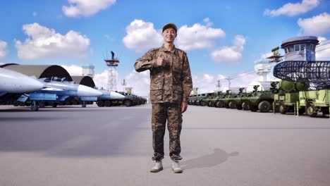 cuerpo lleno de hombre asiático soldado sonriendo y mostrando pulgares hacia arriba gesto mientras estaba de pie en el campamento militar