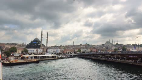 aerial view of galata bridge and yeni camii (new mosque) in istanbul, turkey