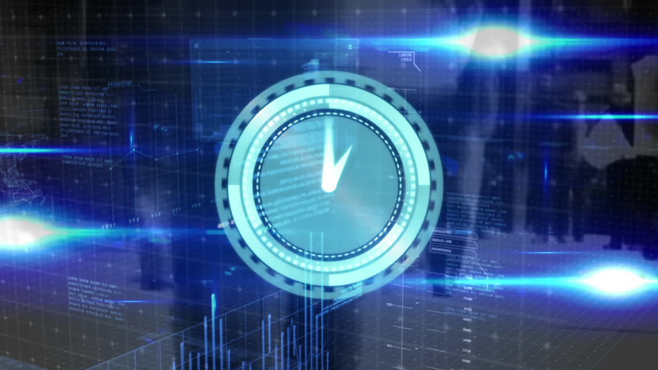Digital clock ticking against digital interface with data processing on blue background